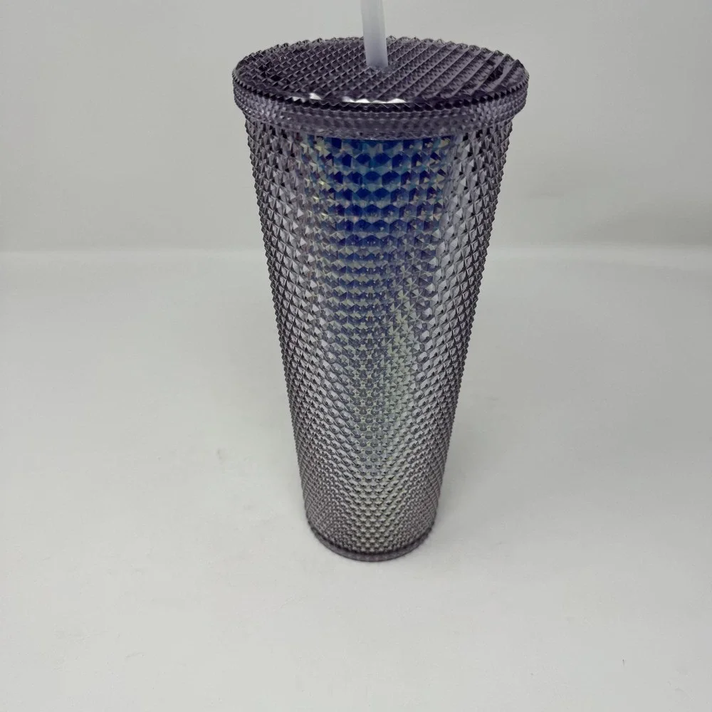 Purple Studded Tumbler Cup Reusable Cold Drink Straw Lid Plastic Geometric Shape